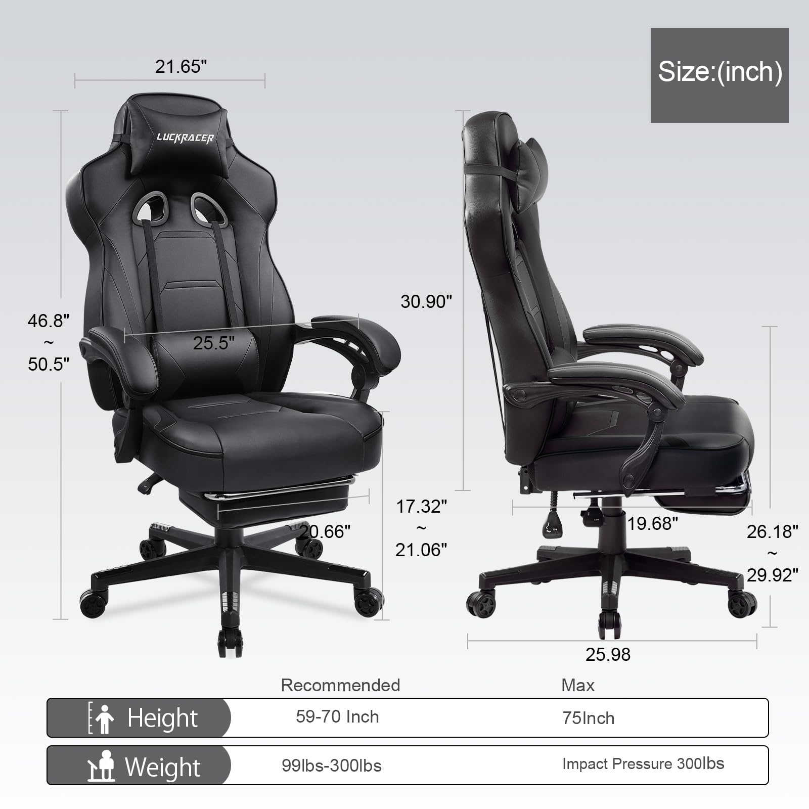 LUCKRACER Computer Gaming Chair with Footrest, Ergonomic Big and Tall Gamer Chair PU Leather Swivel Lumbar Support Racing Style E-Sports Game Chairs by GTRACING (Black)