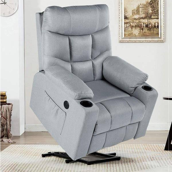 YODOLLA Powr Recliner Chair, Grey Recliner Sofa with Massage & Heat Function, Reclining Chair with Side Pockets and Cup Holder, USB