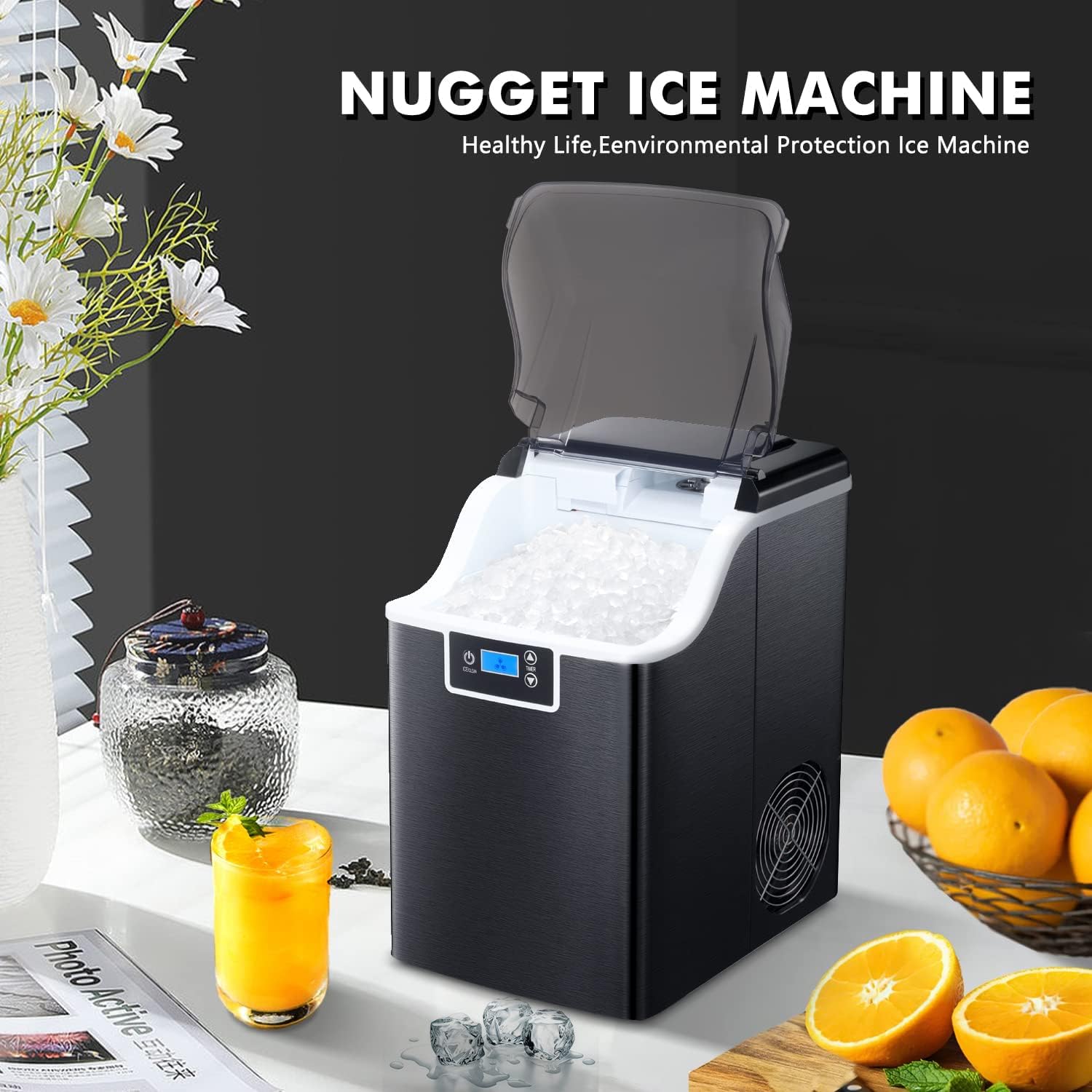 ZAFRO Nugget Ice Makers Countertop with Soft & Chewable Pellet Ice Portable Self-Cleaning Compact Ice Machine 44Lbs/24H with Ice Scoop and Basket