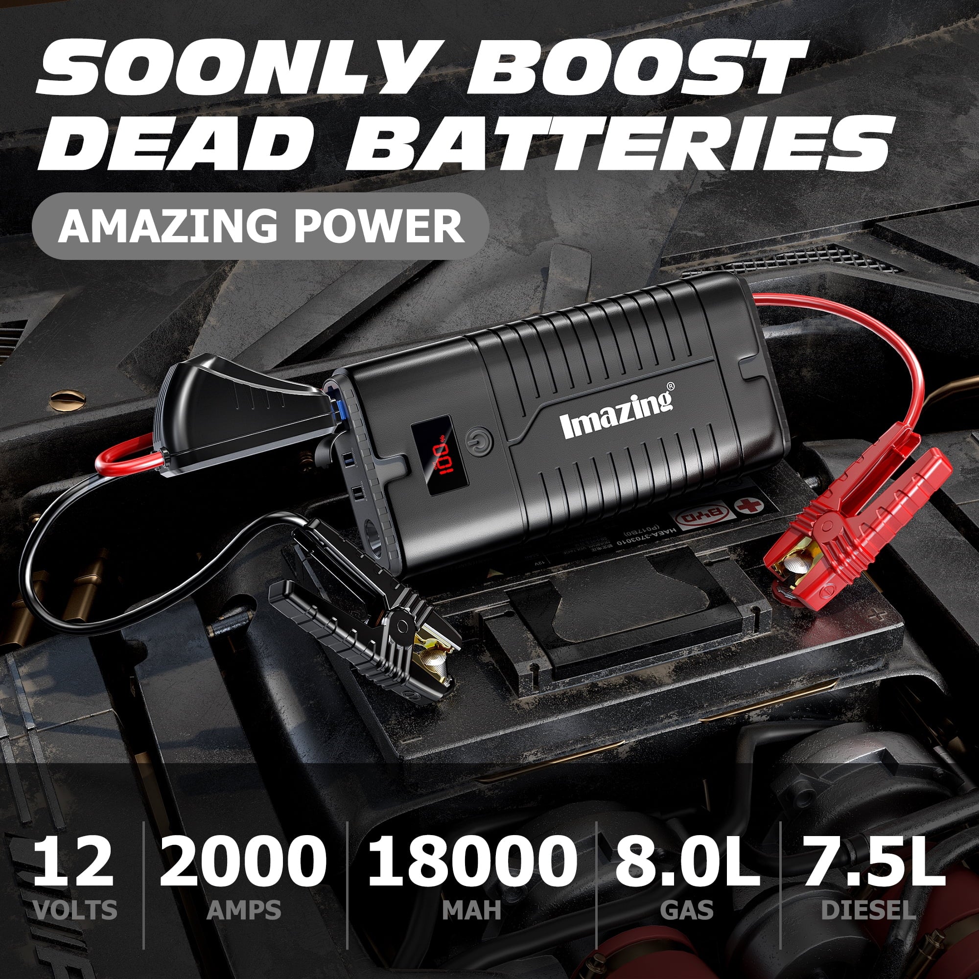 Imazing Portable Car Battery Jump Starter-2000 amps Peak 18000mAh(up to 8.0L Gas/7.5L Diesel Engine)