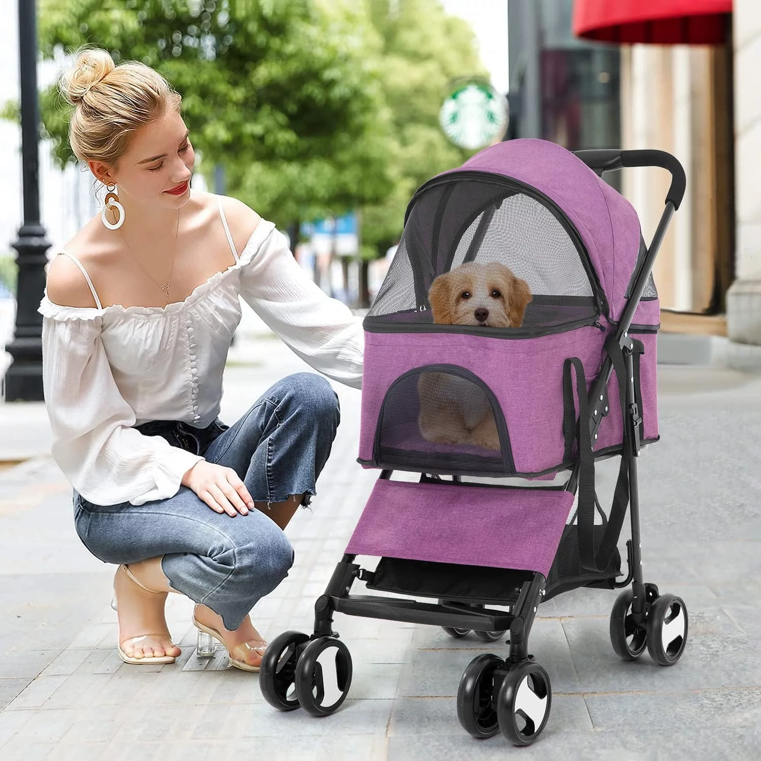 YRLLENSDAN 4 Wheels Pet Strollers for Small Dogs Jogging Stroller, Lightweight Foldable Dog Stroller for Medium Large Dogs 3-in-1 Multifunction Cat Stroller w/Detachable Carrier & Storage Basket