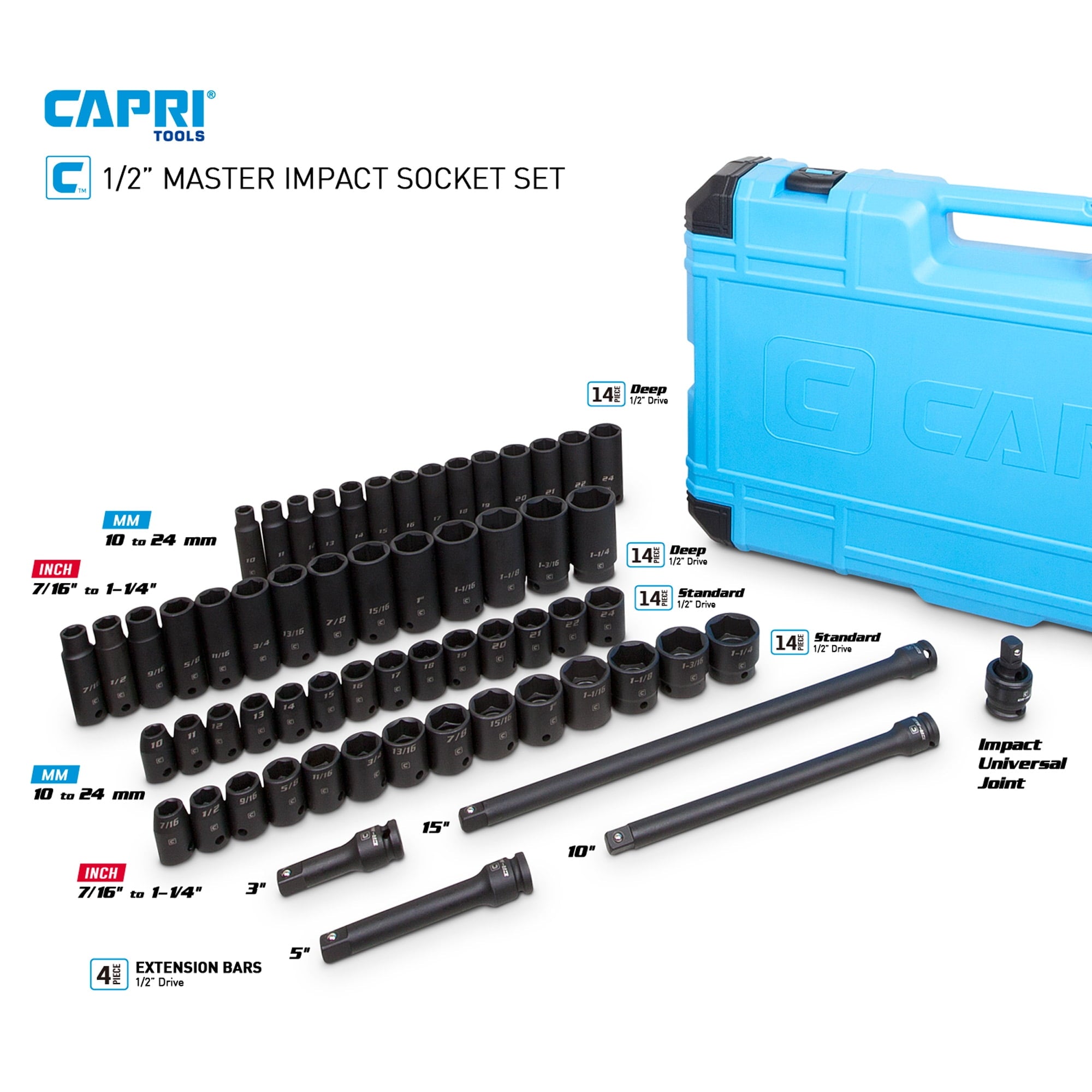 Capri Tools 1/2-Inch Drive Master Impact Socket Set with Adapters and Extensions, CrMo, 61-Piece