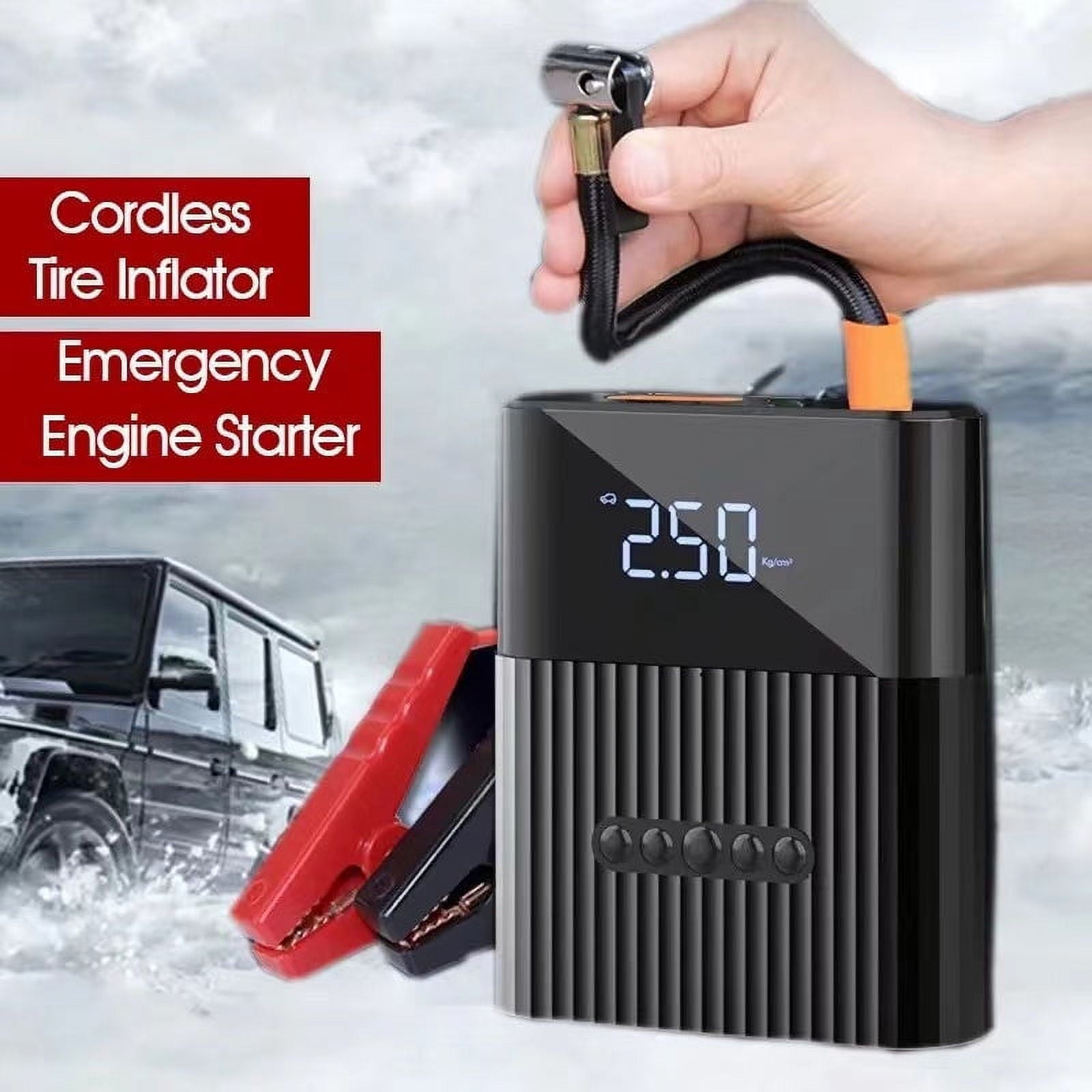 Air Compressor with Car Jump Starter, Tyre Inflator with Power Bank and Emergency Light, Portable Car Battery Booster 1000A Peak 8800mAh 12V to 5.0L Gas or Diesel Engine