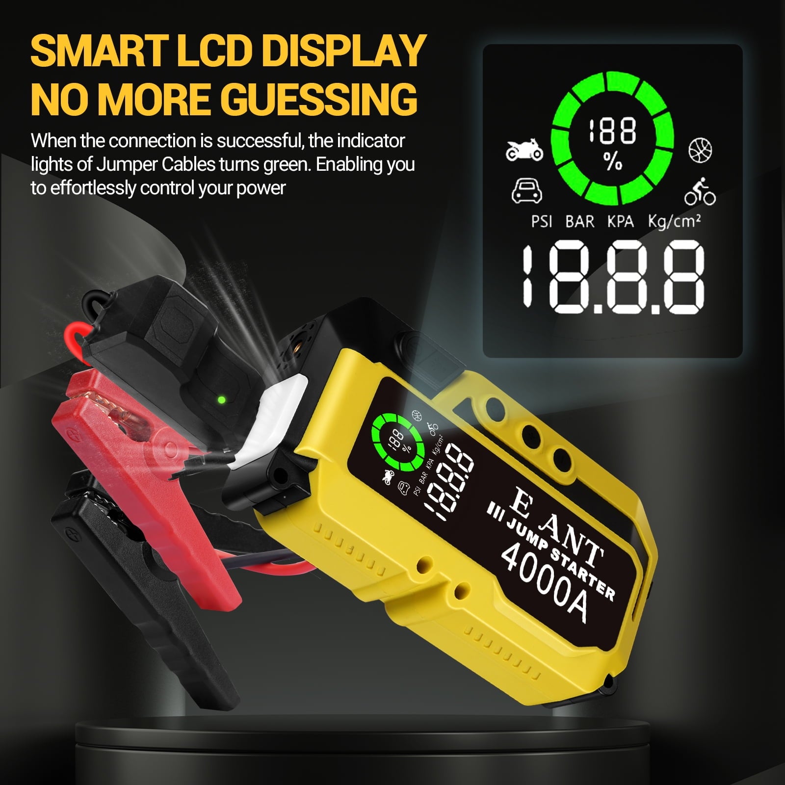 E-Ant Car Jump Starter with Air Compressor (10L Gas/8L Diesel), 4000A Peak Lithium 12v Auto Battery Jump Pack, Power Bank USB QC3.0, Portable Battery Booster Pack Jumper Box Tire inflator 150PSI