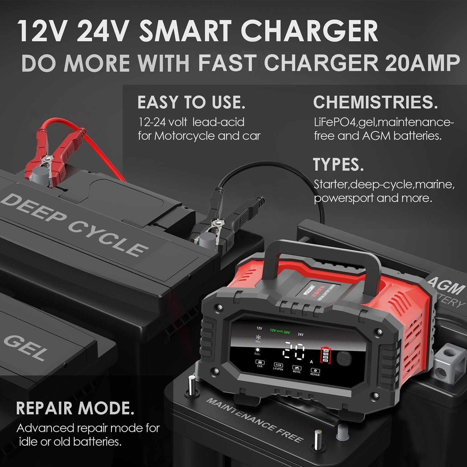 20-Amp Car Battery Charger, 12V/20A and 24V/10A LiFePO4,Lead-Acid(AGM/Gel/SLA) Automatic Smart Trickle Charger Maintainer,Desulfator, 300W Fast Charging for Automotive Truck Motorcycle Lawn Mower Boat