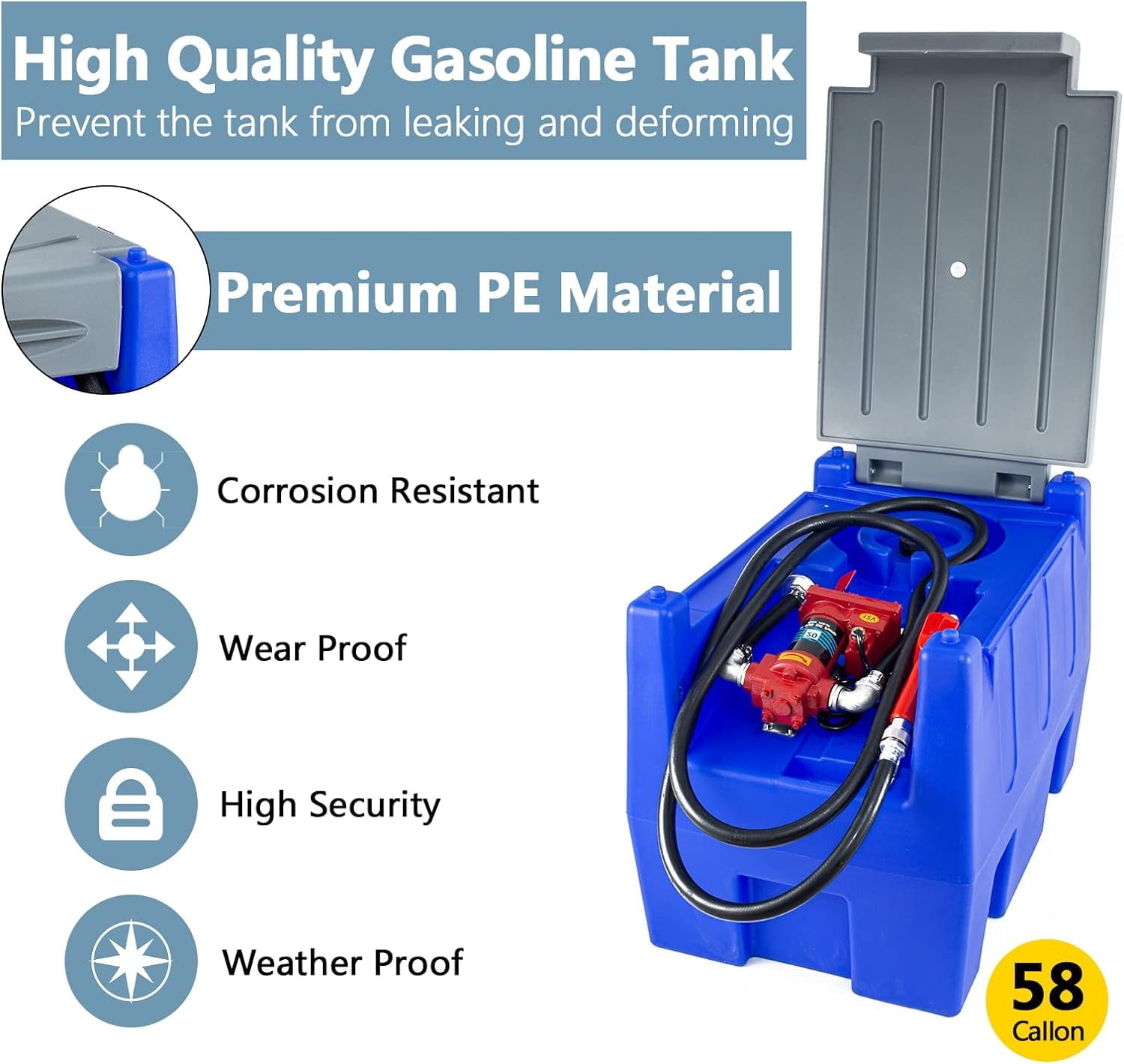 TECSPACE 58 Gallon Gasoline Tank, Portable Fuel Tank with 12V Electric Fuel Transfer Pump, 40 GPM Gasoline fuel Tank with 4 Meters Hose for Gasoline Transportation (Blue, 58 gal)