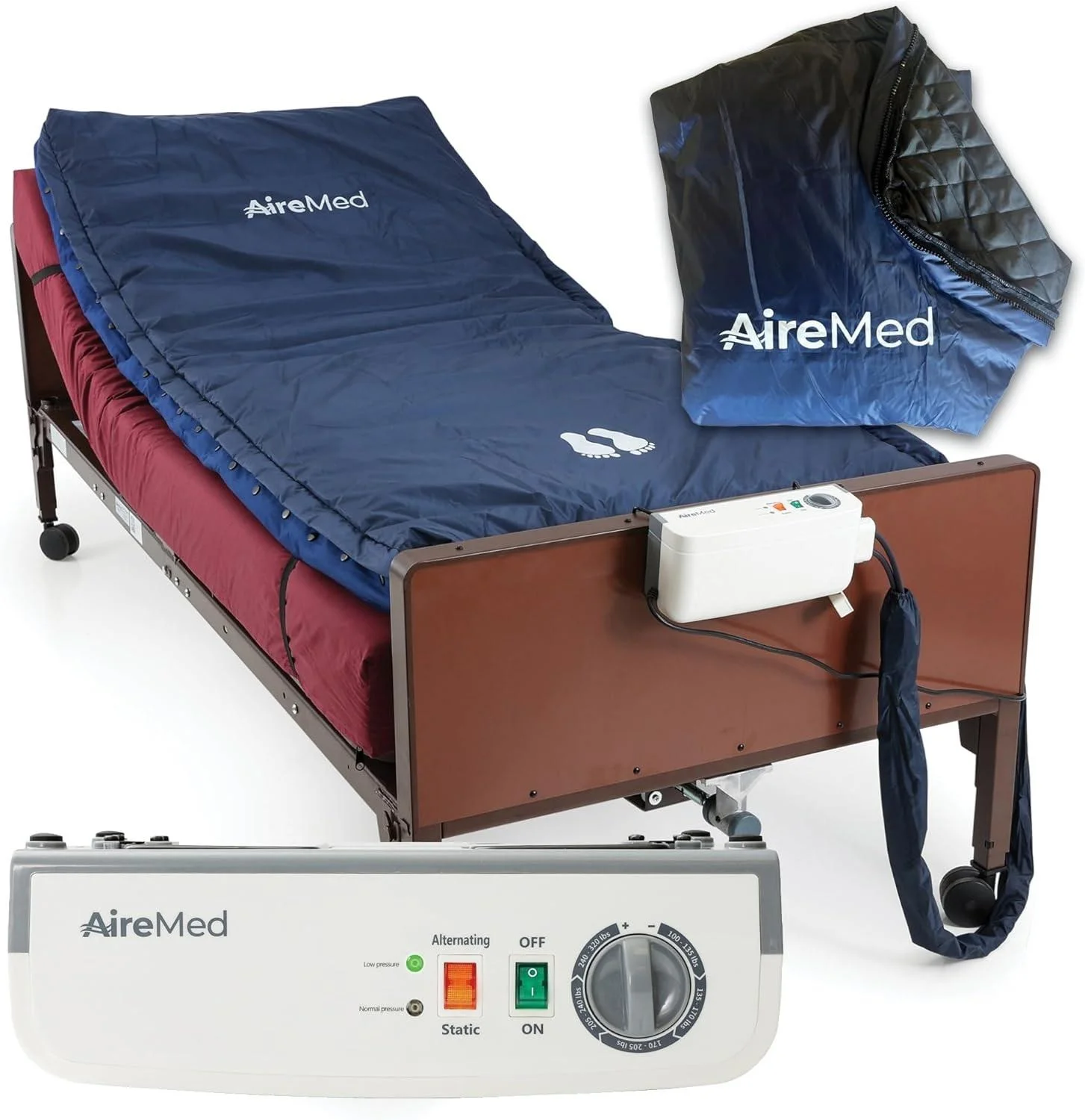 5” Low Air Loss & Alternating Pressure Mattress Overlay with Extra Zippered Quilted Cover – Advanced Pump with Static Function & Low Pressure Indicator Light - Ulcer Wound & Sore Prevention