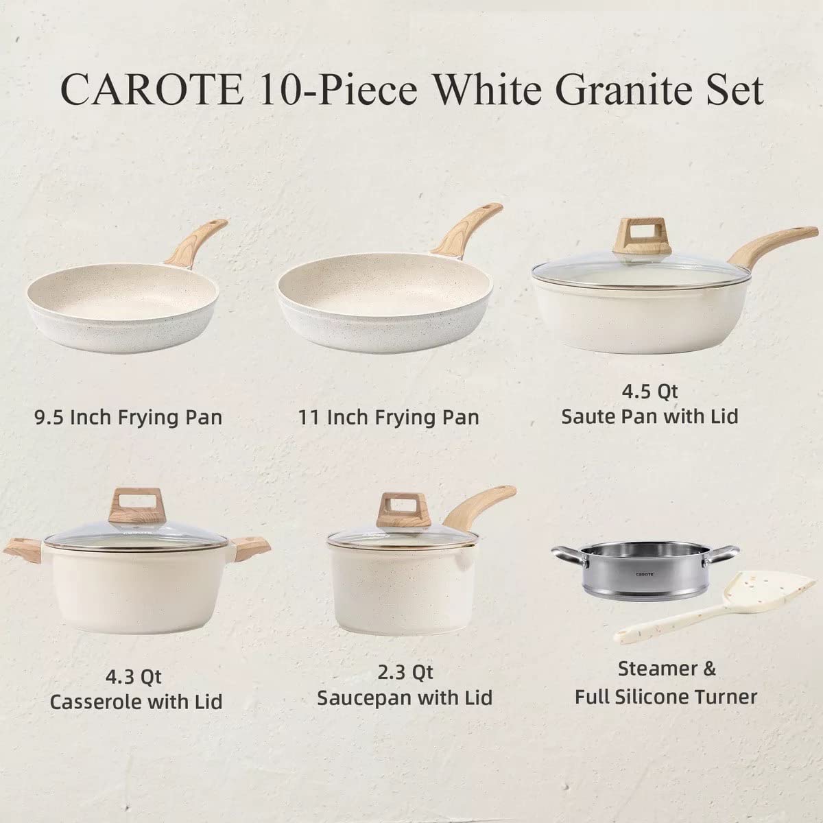 CAROTE C01520 Pots and Pans Set Nonstick， White Granite Induction Kitchen Cookware Sets， 10 Pcs Non Stick Cooking Set w/ Frying Pans and Saucepans(PFOS ， PFOA Free)