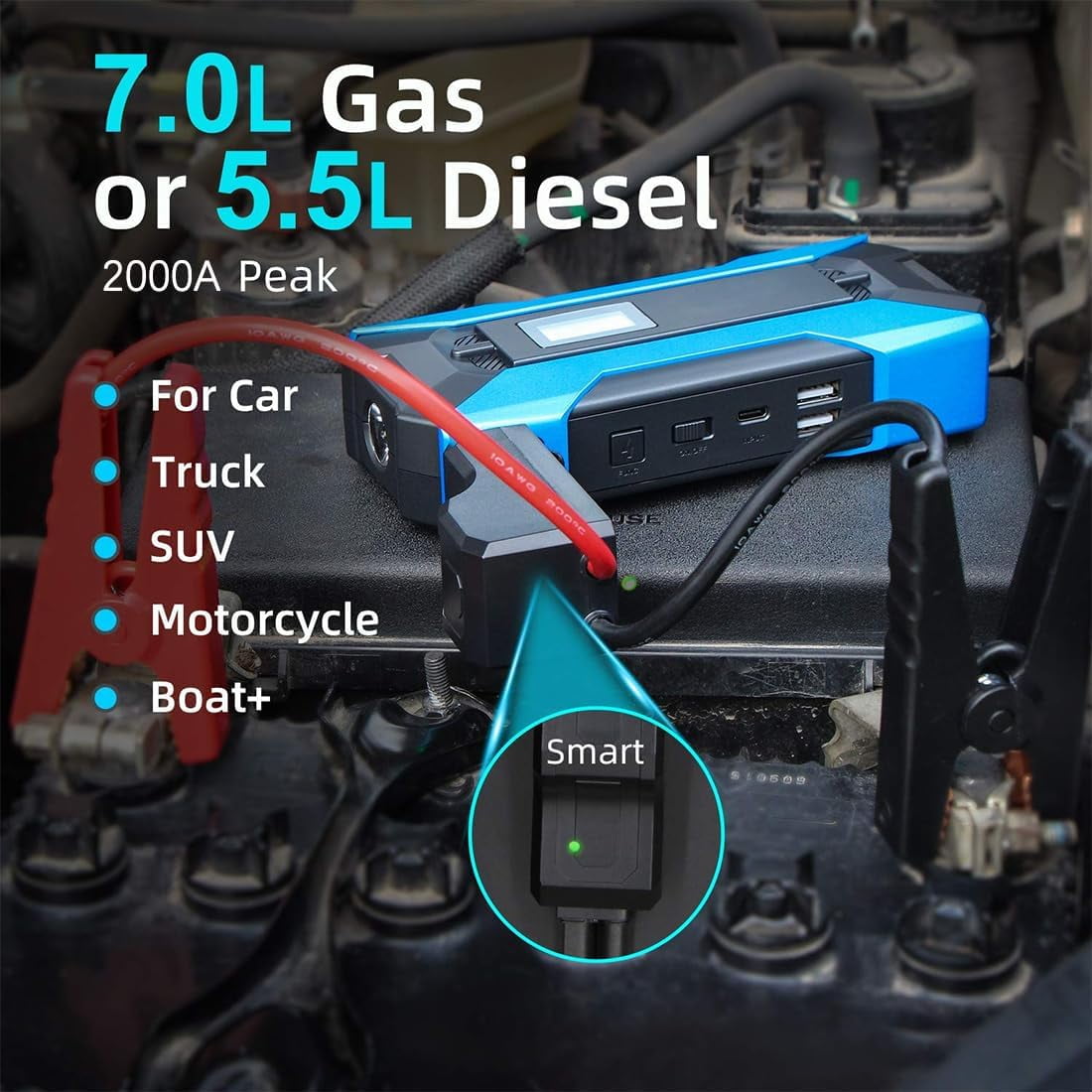 12V Car Jump Starter Booster 10000mAh Auto Jumper Battery USB Power Bank Charger