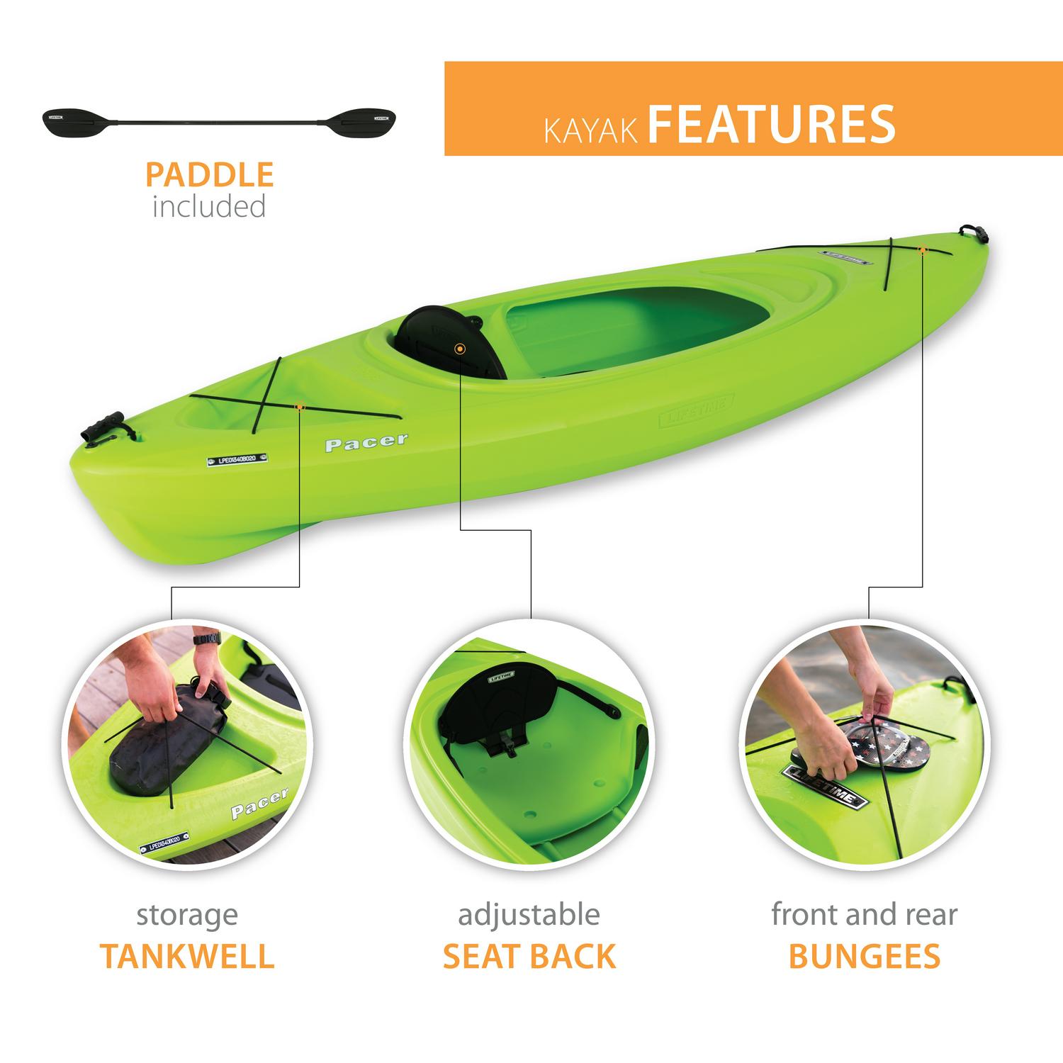 Lifetime Pacer 8 ft Sit-In Kayak (Paddle Included)， Green