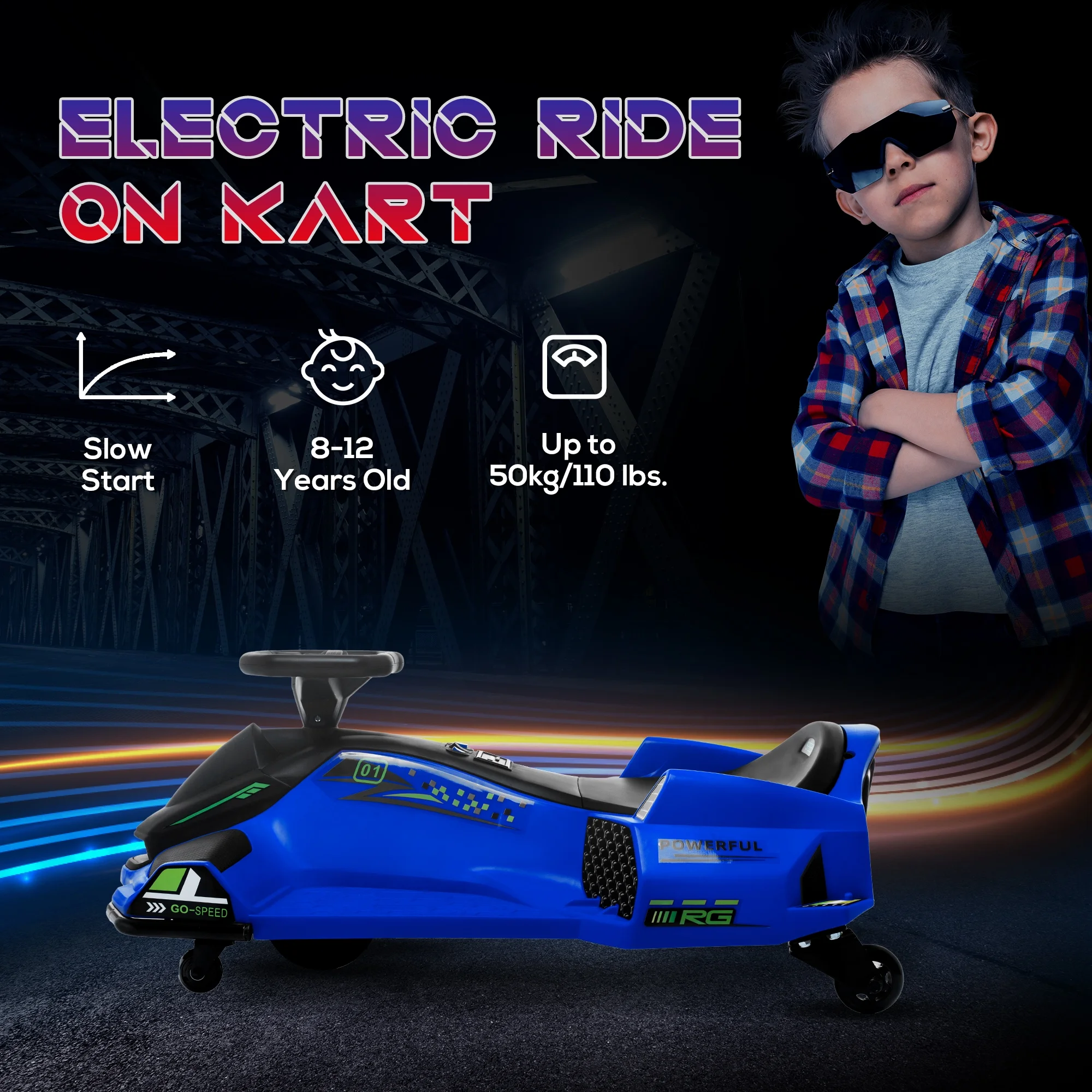 Aosom 12V Electric Drifting Go Kart w/ Slow Start, Music, Lights, Blue