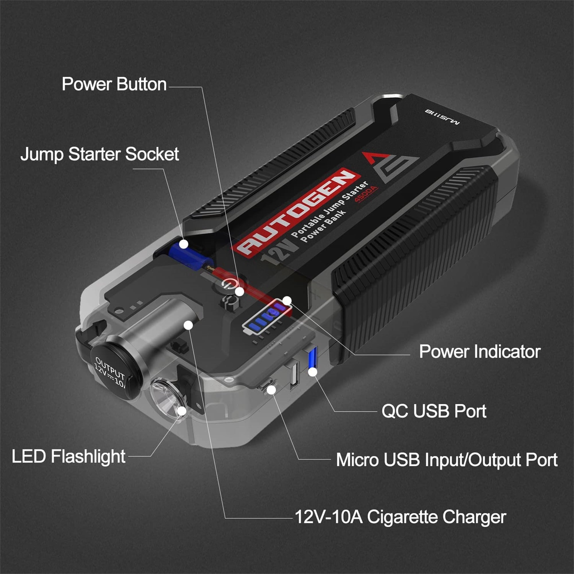 AUTOGEN 4500A 32000mAh Black Battery Jump Starter, 12V Lithium Jump Box