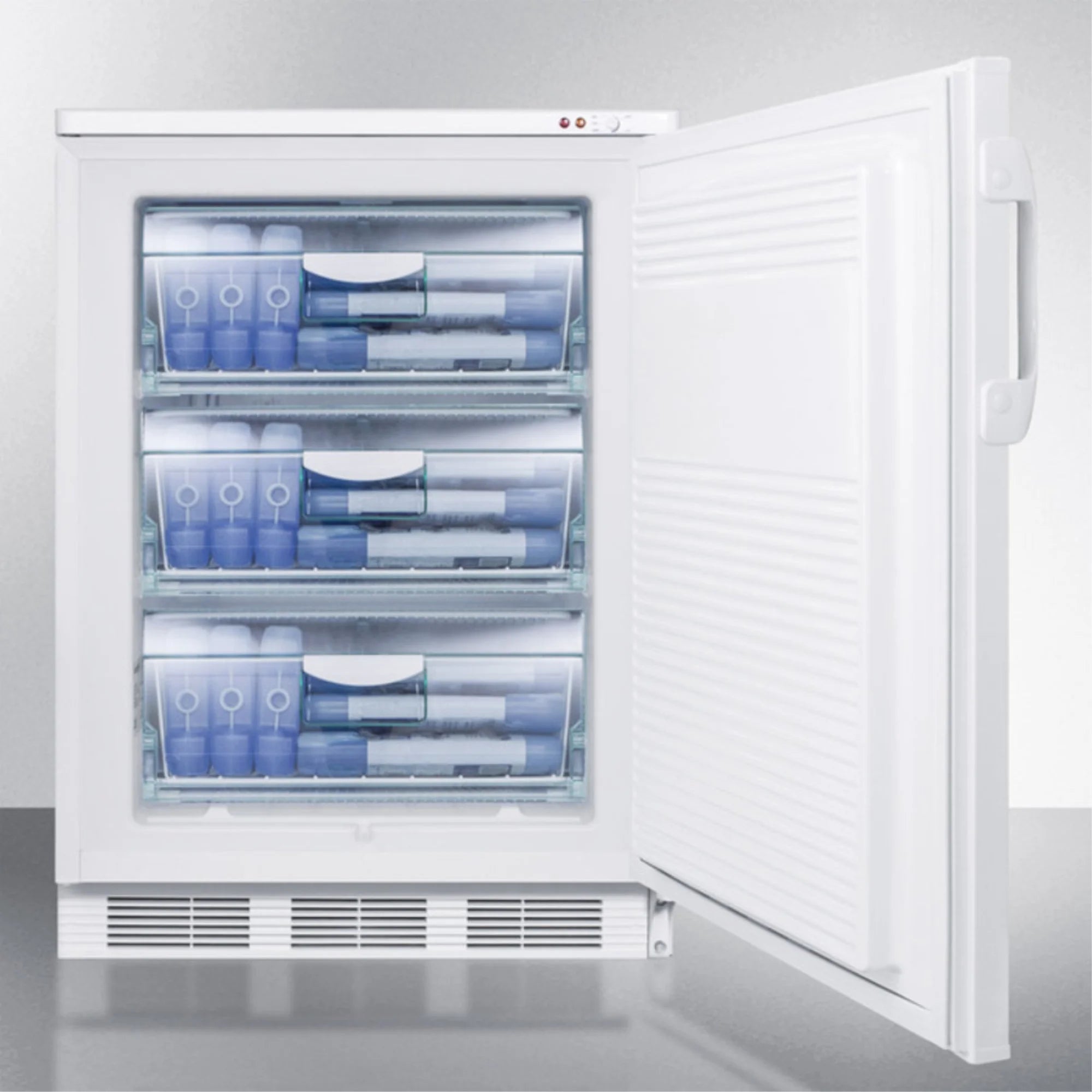 Commercial built-in undercounter medical all-freezer capable of -25 C operation, with front-mounted lock