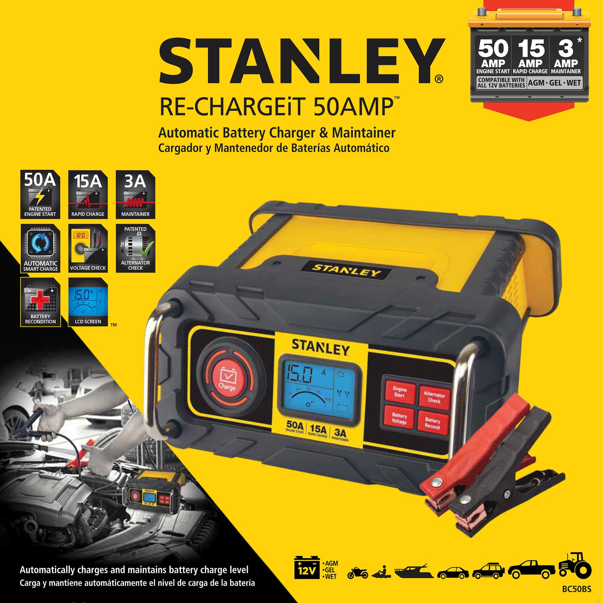 STANLEY 15 Amp Automotive Battery Charger with 50 Amp Engine Start (BC50BS) New