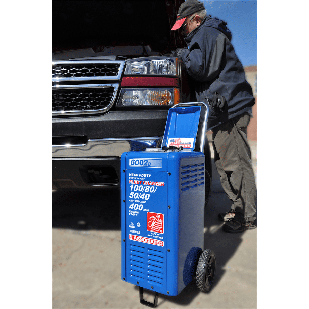 Associated 6002B - Charger, 6/12/18/24V 100/80/50/40A, 400 Amp Cranking Assist, Wheels