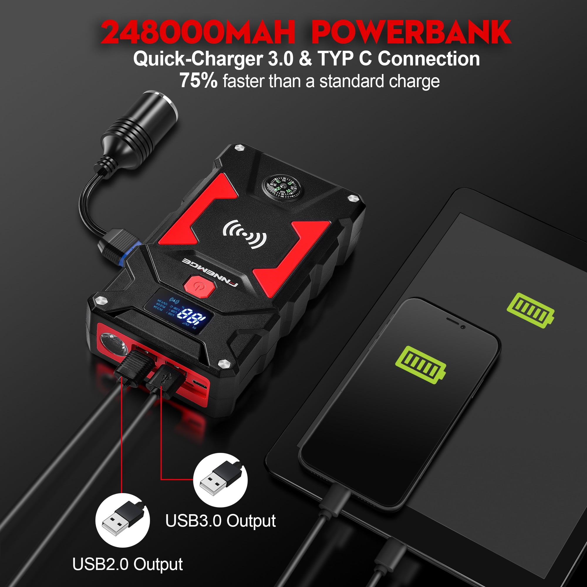 FNNEMGE Car Jump Starter 2500A Peak 24800mAh (Up to All Gas, 8.0L Diesel Engine), with 10W Wireless Charger Power Bank, 12V Auto Battery Booster with Smart Jumper Cable, USB Quick Charge 3.0