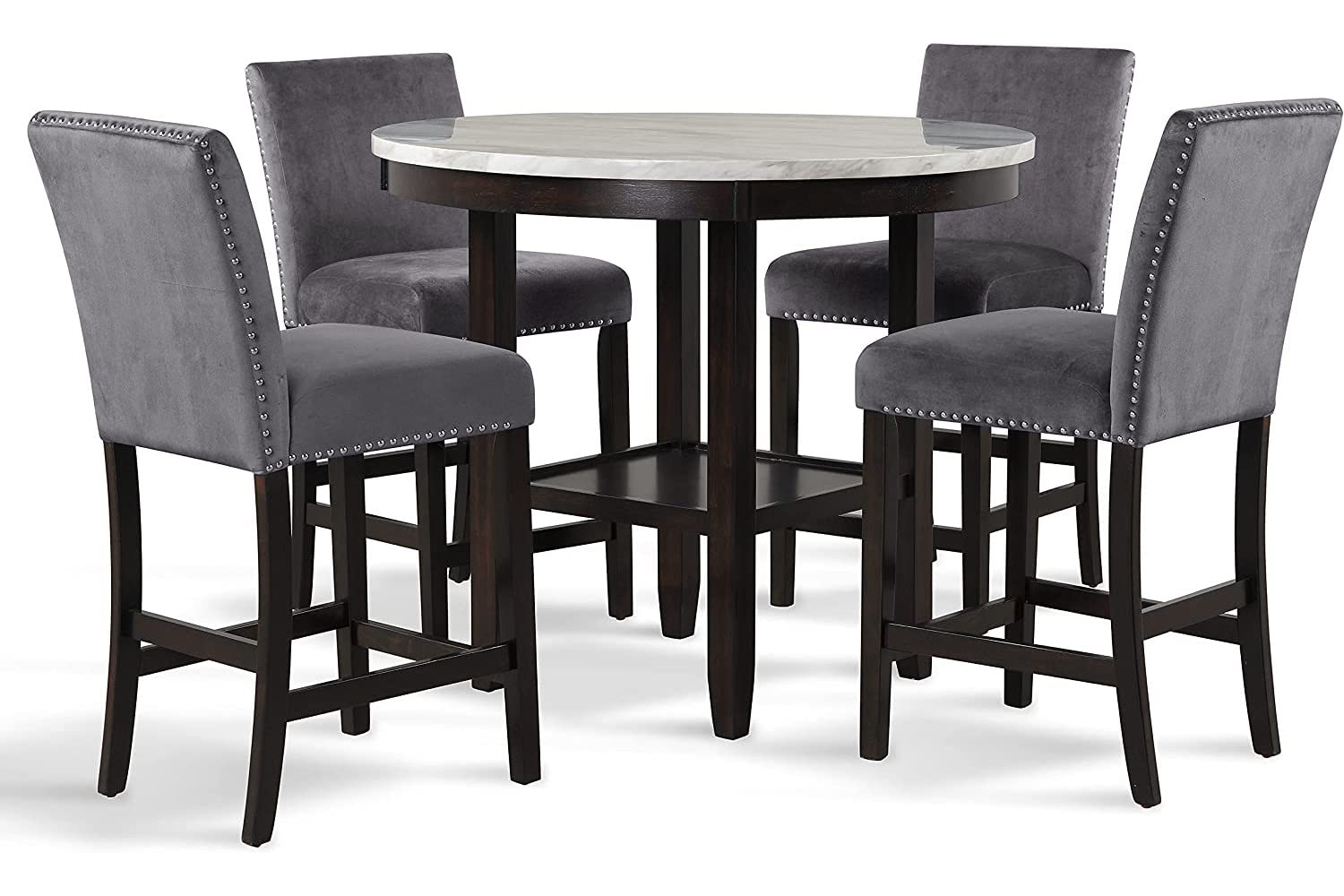 New Classic Furniture Celeste 5-Piece Faux Marble Round Counter Set with 1 Table and 4 Chairs, 42-Inch, Grey