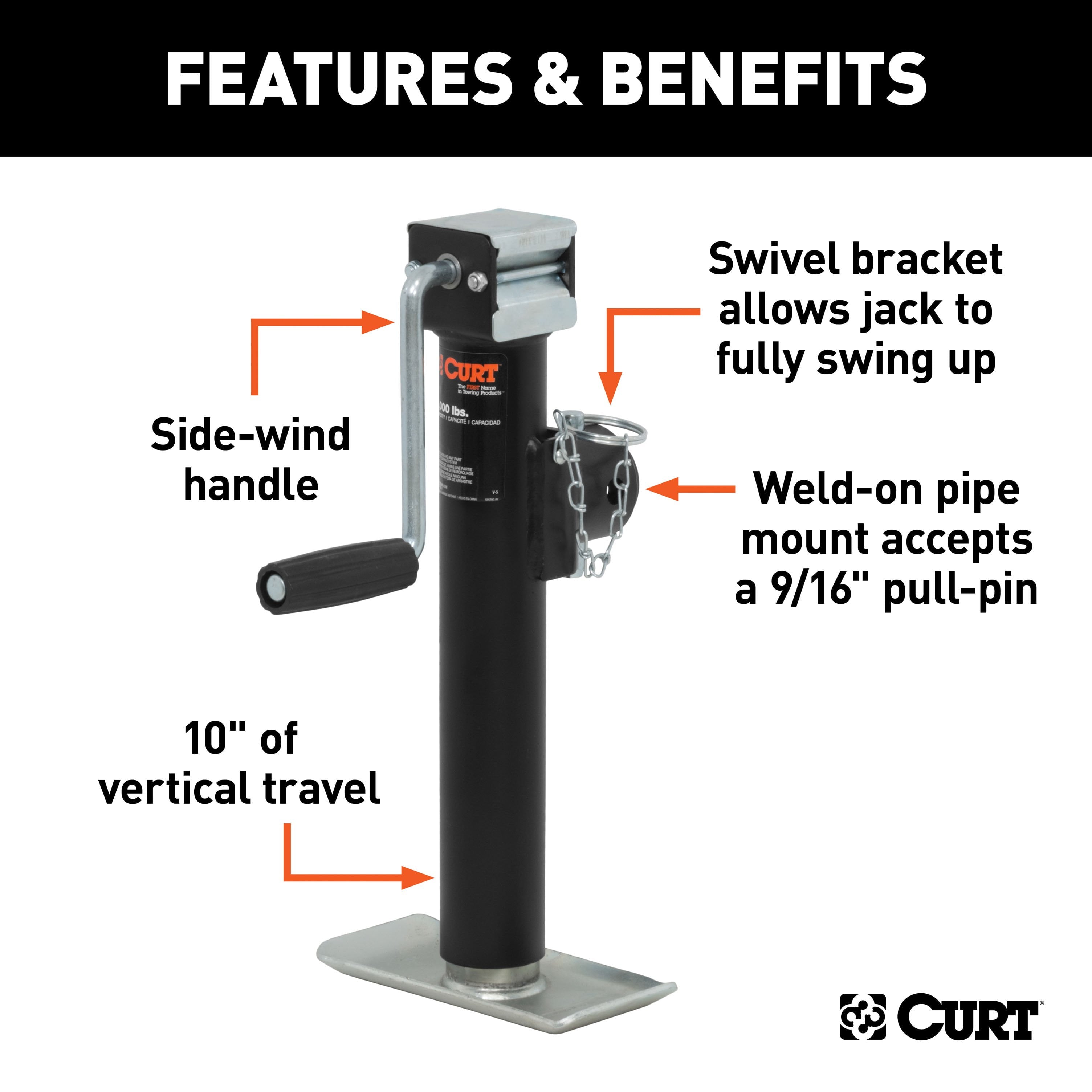 CURT 28321 Weld-On Pipe-Mount Swivel Trailer Jack, 2,000 lbs. 10 Inches Vertical Travel