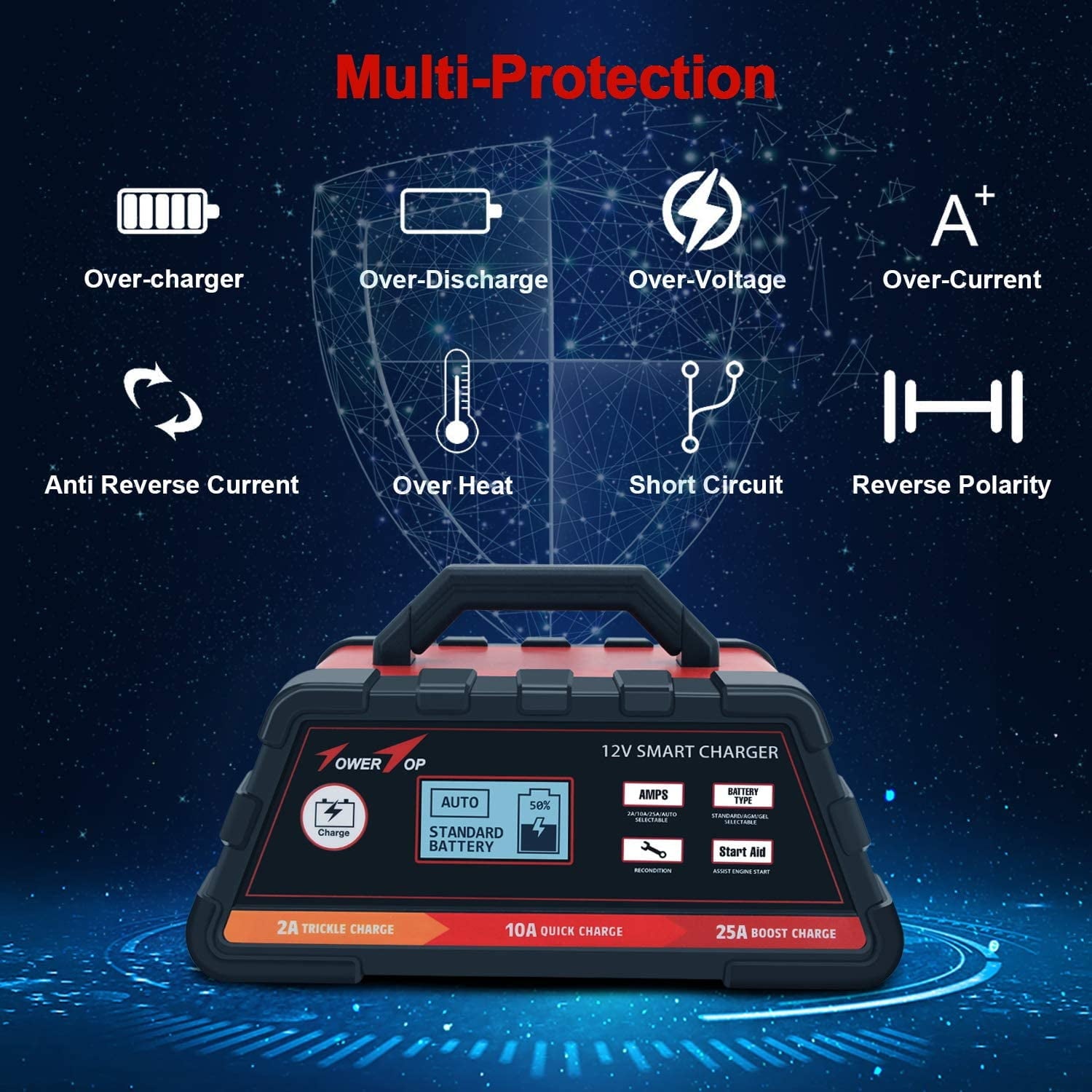 Towertop 12V 2/10/25A Smart Battery Charger/Maintainer Fully Automatic with Engine Start, Cable Clamps