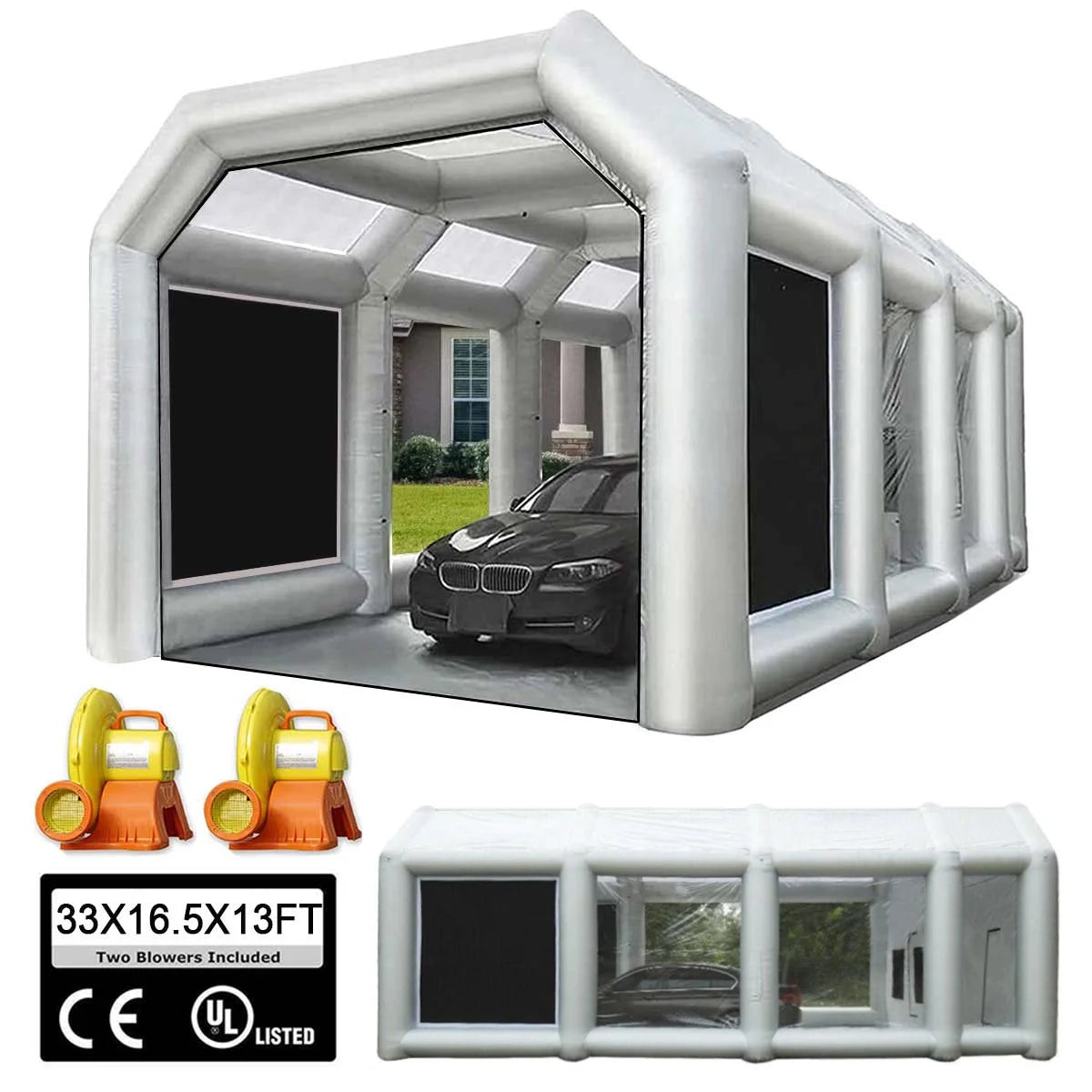 FLAPKWAN 33X16.5X13FT Inflatable Paint Booth with High-Power Blowers 1100W+950W, Professional Car Painting Workstation Portable Spray Paint Booth with Oversized Air Filter System
