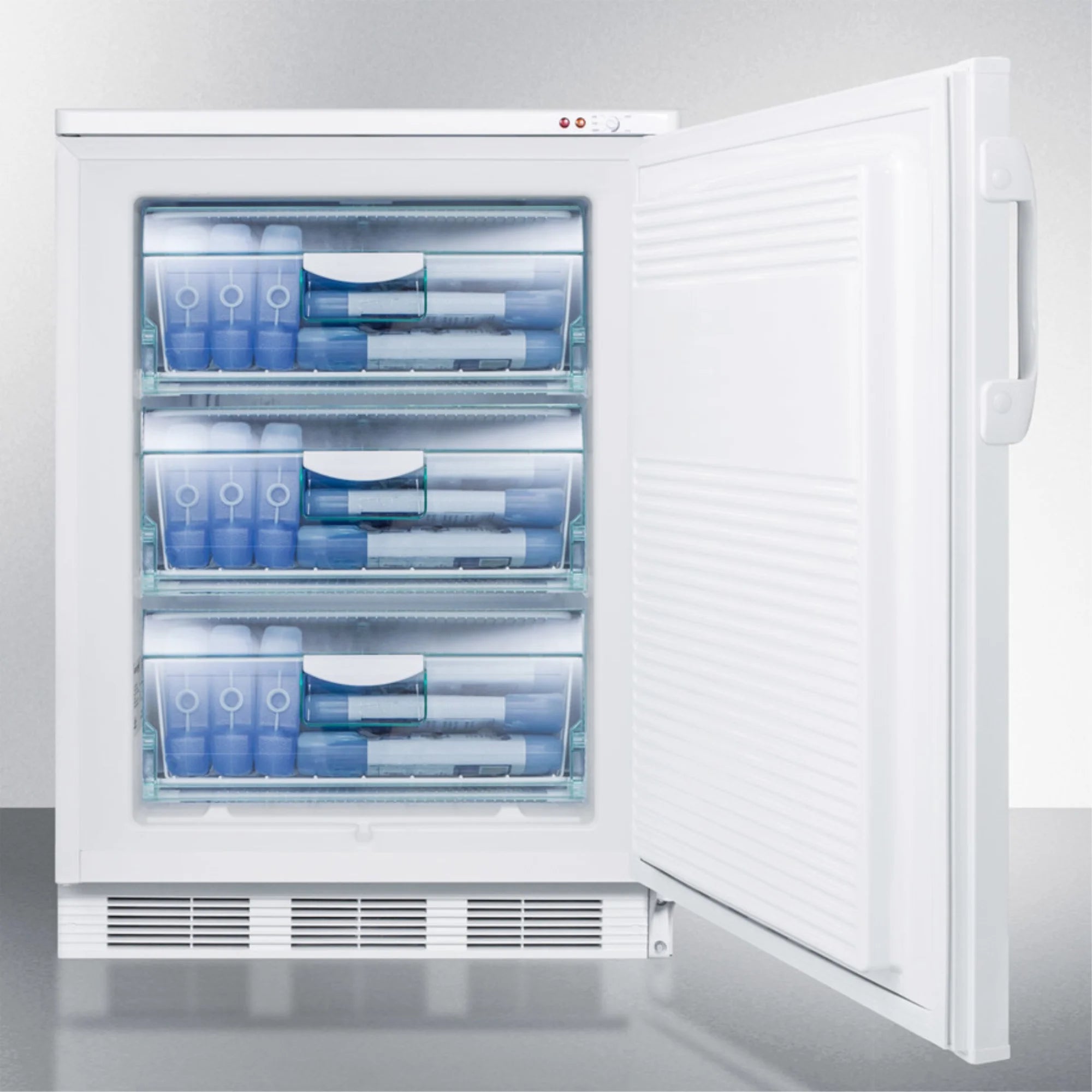 Built-in undercounter freezer capable of -25 C operation; includes audible alarm, lock, and hospital grade plug