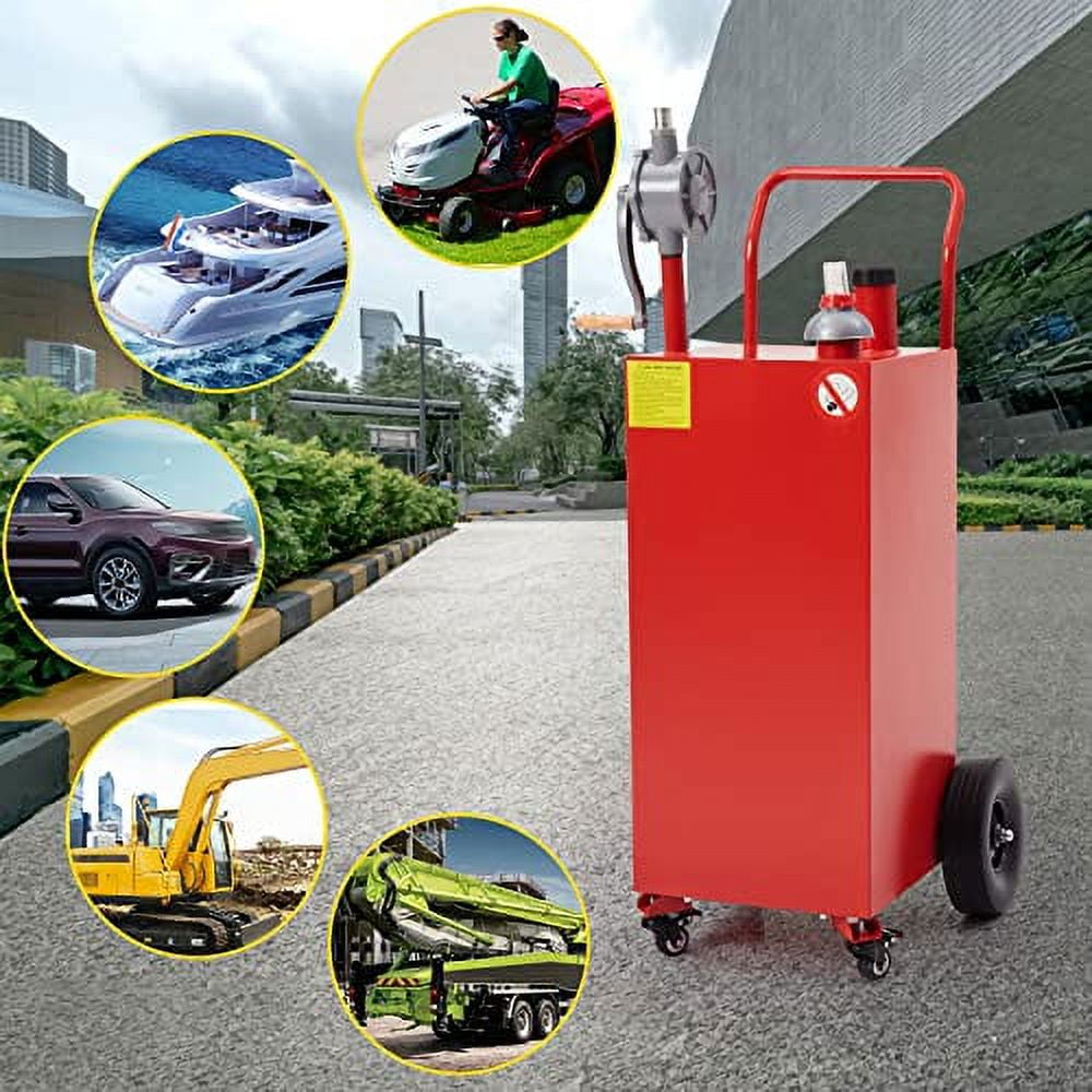 40 Gallon Gas Caddy with Pump Gasoline Tank Fuel Storage Tank Portable with 2 Wheels for Boat, Car,Garden, Lawnmower, ATV