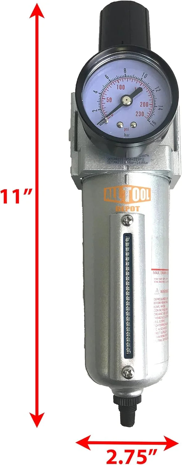 NPT HEAVY DUTY Compressed Air In Line Filter Regulator Combo Piggyback, Metal Bowl, 5 Micron , Adjustable From 7 to 175 PSI (AUTO DRAIN)