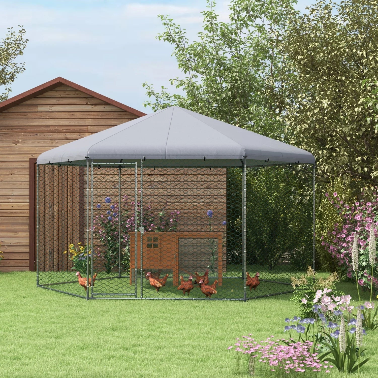 GFVCNIO PawHut Large Metal Coop Run for Ducks and Rabbits with Waterproof and Anti-UV Cover Walk-in Poultry Cage Hen House for Outdoor and Yard Farm Use 13‘ x 11.4‘ x 8.6‘