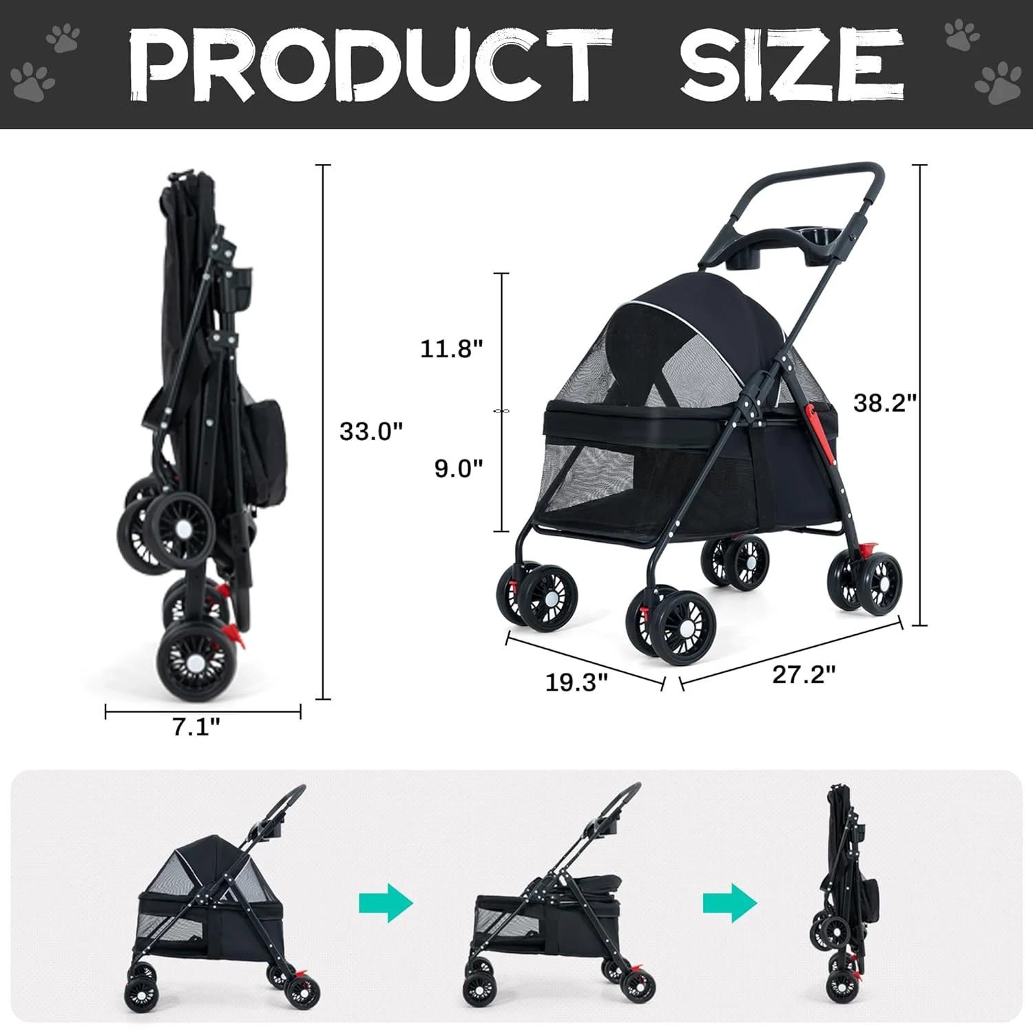 Pet Stroller 4 Wheels Dog Cat Stroller,Pet Folding Stroller,Foldable Dog Cat Cage Jogger Stroller with Storage Basket and Cup Holder,Breathable and Visible Mesh for Medium Small Dogs Cats