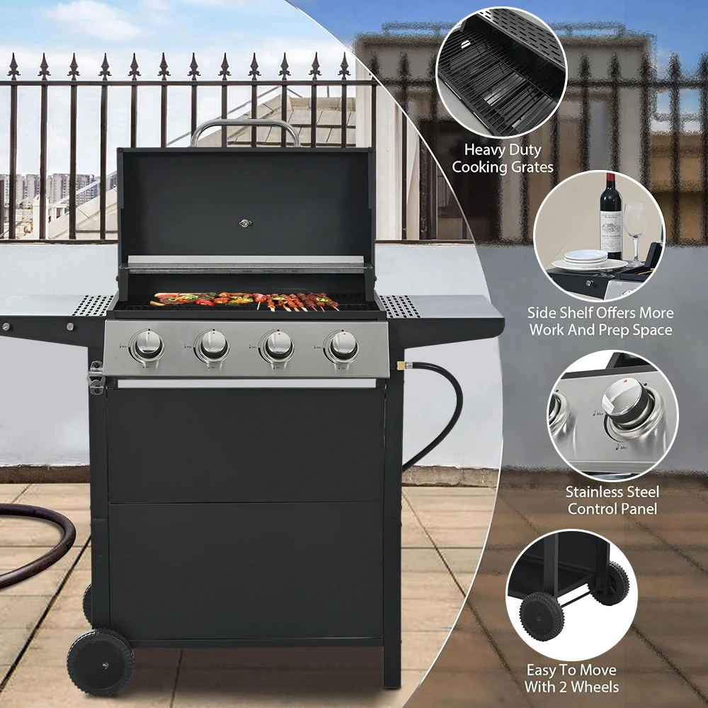 SEGMART 4 Burner BBQ Propane Gas Grill, Stainless Steel 34,200 BTU Patio Garden Barbecue Grill with Two Foldable Shelves & Thermometer, Perfect for Camping, Outdoor Cooking
