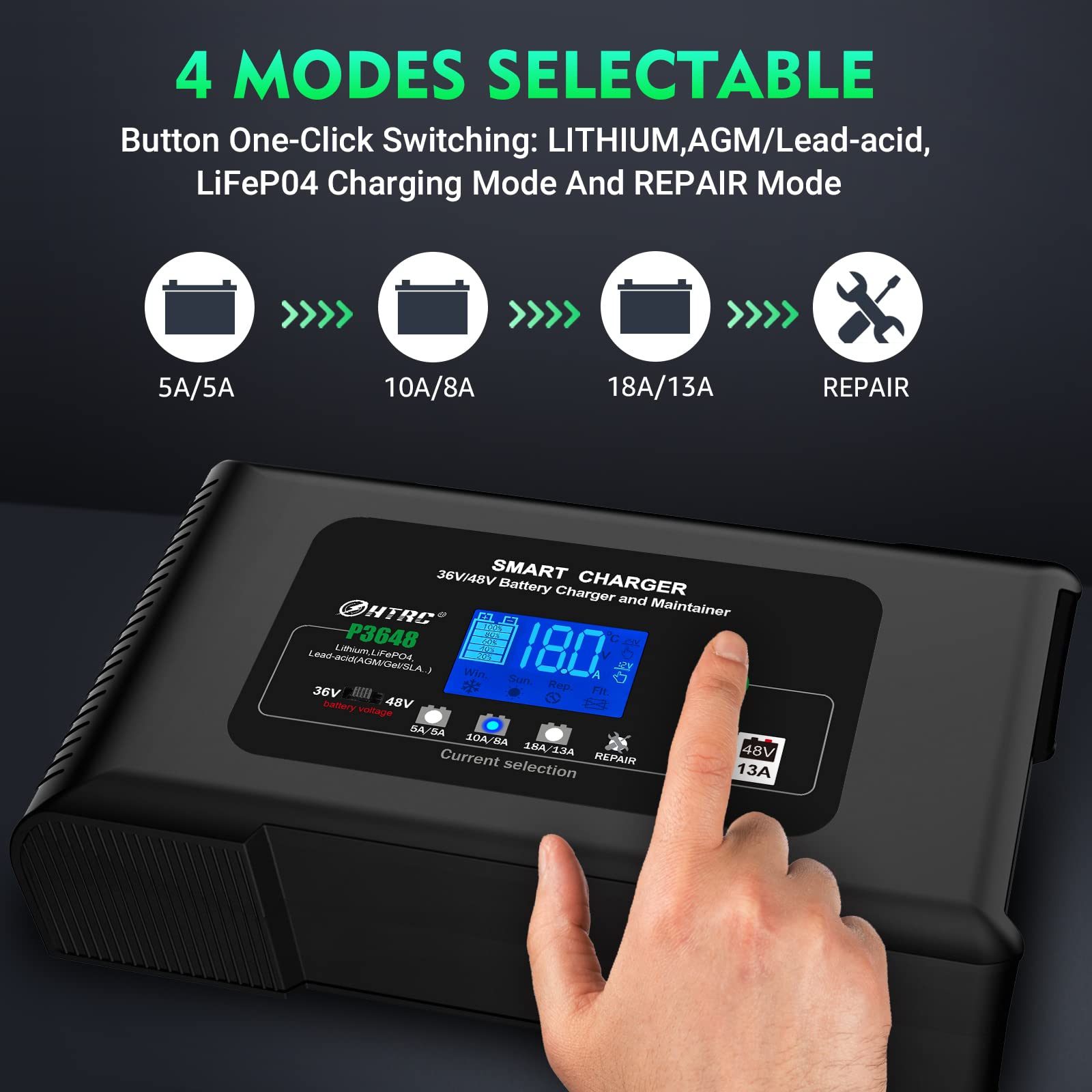 HTRC 36 Volt Golf cart Charger 18-Amp Smart Charger, Car Battery Charger,Trickle Charger,36V,18-Amp and 48V,13-Amp,Lithium,LiFePO4,Lead-Acid AGM/Gel/SLA.Battery Charger, for EZGO TXT,Car, Boat.