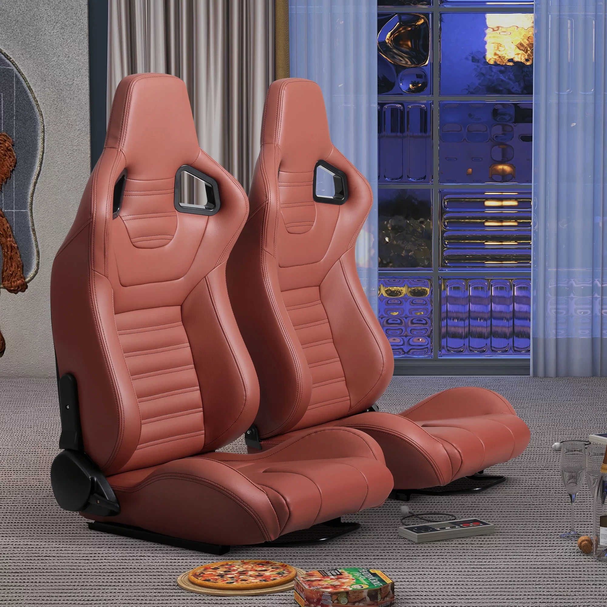 2-Piece Ergonomic Racing Seats: Adjustable Double Slides Ultimate Gaming Seats, PVC Racing Simulator Game Seats Unleash Your Inner Automotive Racing Seats (Brick Red)