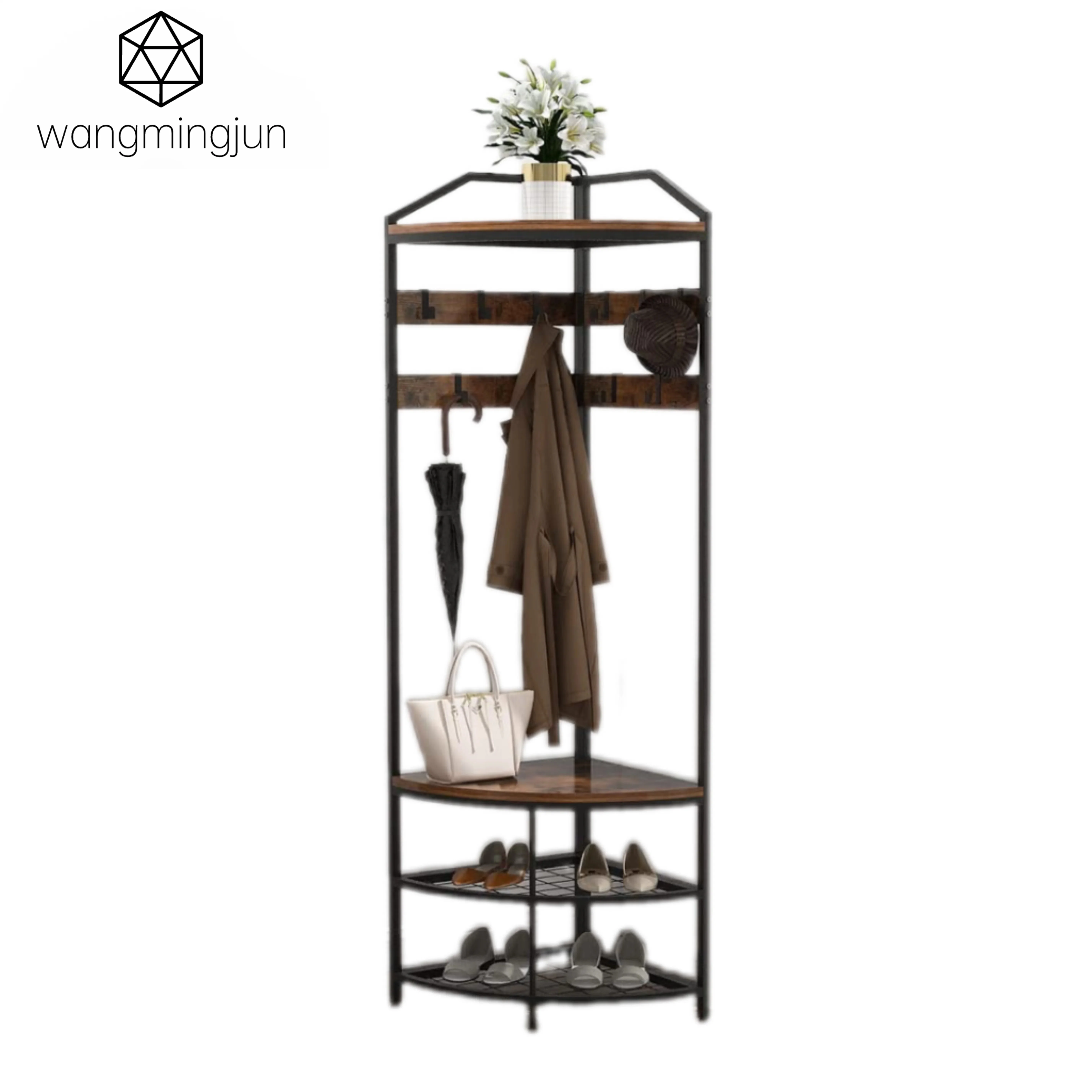 Corner Hall Tree with Shoe Bench Entryway Coat Rack with 10 Metal Movable Hooks Freestanding Clothes Rack Shoes Shelf Organizer for Home Office Bedroom (Rustic Brown)