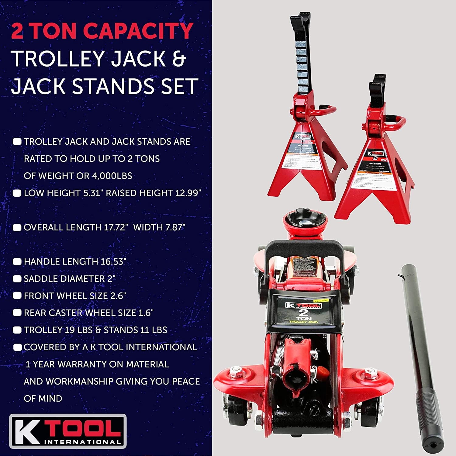 K Tool International KTI63097A 2 Ton Trolley & Jack Stands Combo