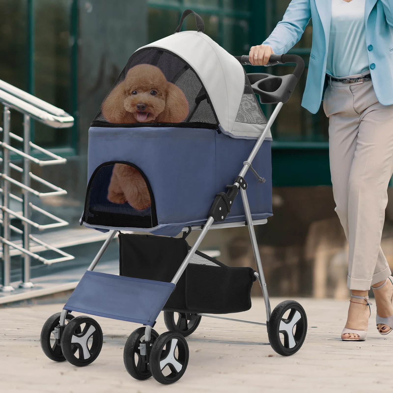 Magshion Foldable Dog Pet Stroller with Cup Holder, 4 Wheel (Navy Blue)