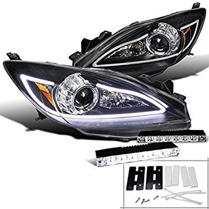 Mazda 3 JDM Black LED DRL Strip Projector Headlights w/ 6-LED Fog DRL