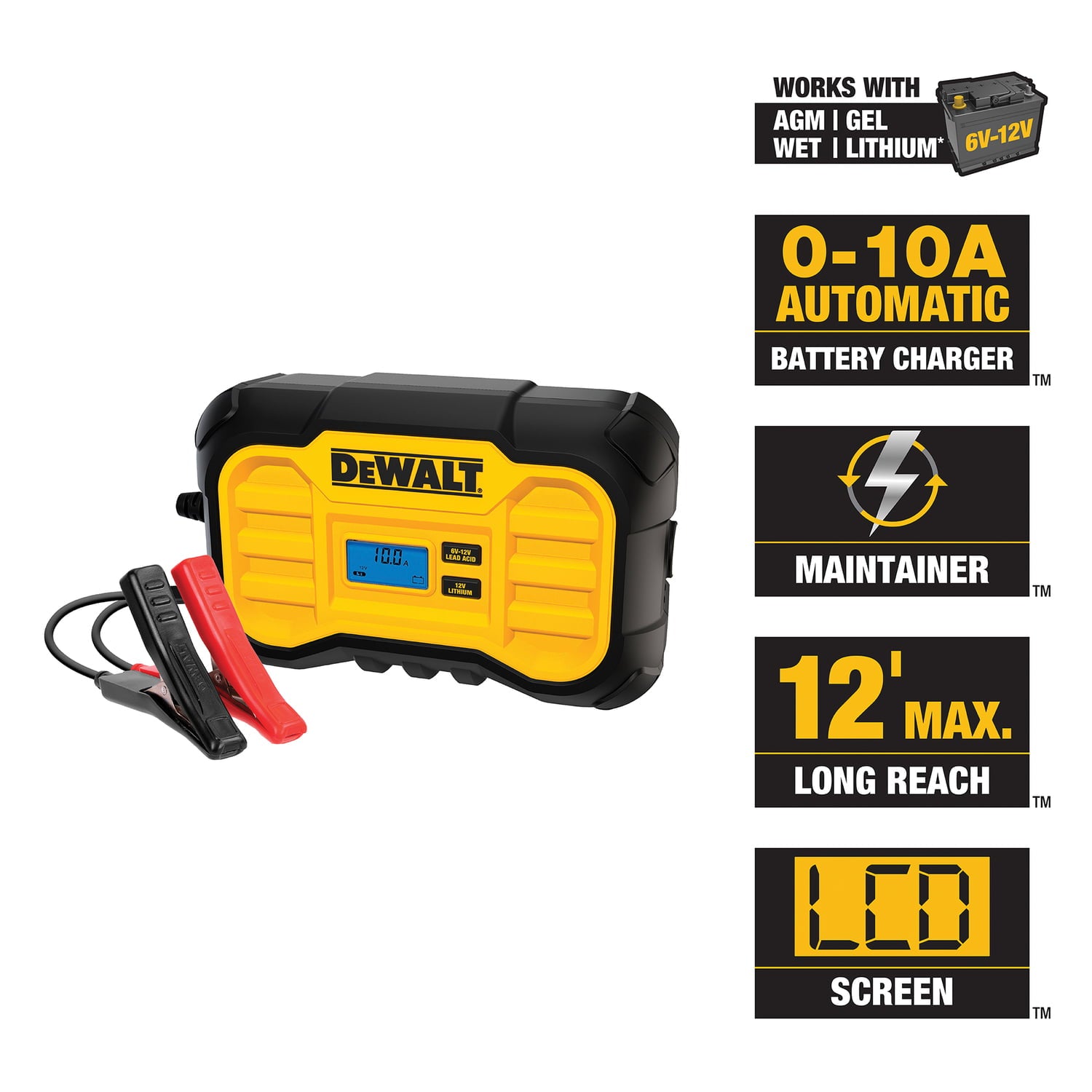 DEWALT DXAEC10 Professional 6-Volt/12-Volt 10-Amp Automatic Battery Charger/Maintainer, DXAEC10