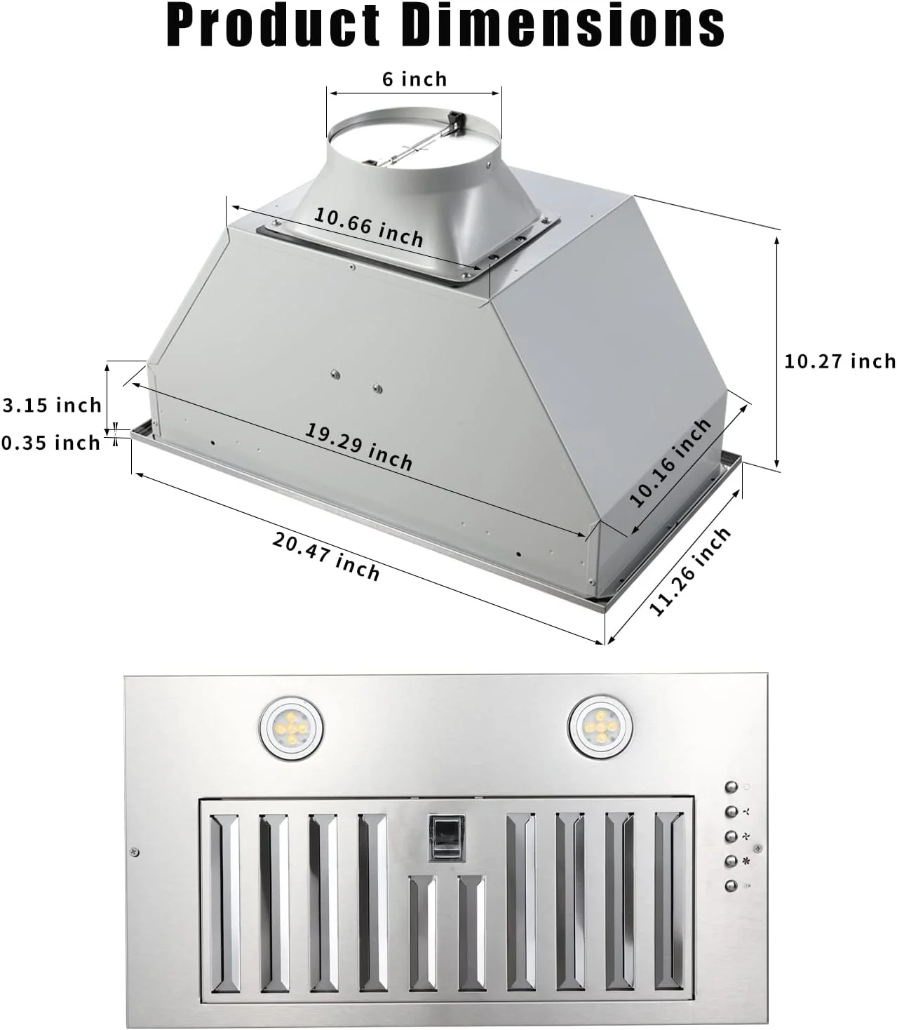 JOEAONZ 20 inch Range Hood Built-in 800CFM Stainless Kitchen Vent Exhaust 3-Speed with Led Bulb Filters