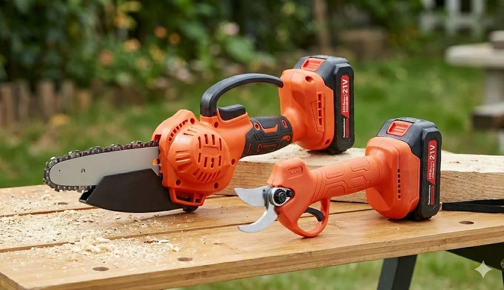 Kit de Poda a Batería - Motosierra a Batería + Tijeras de Podar Eléctricas + Pértiga Telescópica - Incluye 2 Baterías - Pértiga de 263cm para Poda en Altura - Con Cargador y Gafas