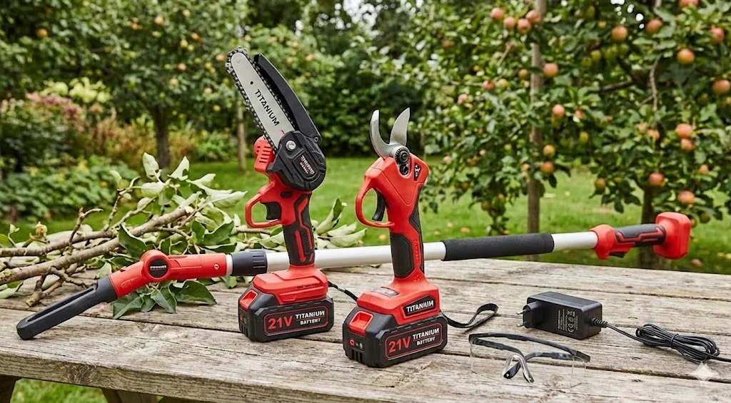 Kit de Poda a Batería - Motosierra a Batería + Tijeras de Podar Eléctricas + Pértiga Telescópica - Incluye 2 Baterías - Pértiga de 263cm para Poda en Altura - Con Cargador y Gafas