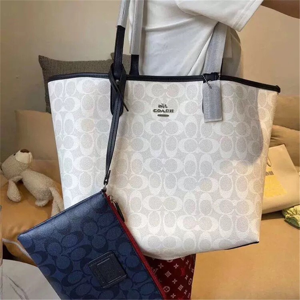 Coach 36658 58293 91381 29547 Reversible City Tote In Signature Canvas With Removable Pouch Women Shoulder Handbag