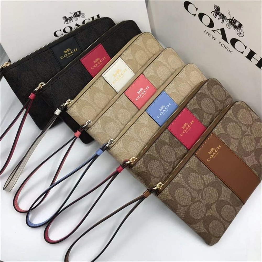 F58035 F58032 C4466 CE214 Corner Zip Wristlet Leather Stripe Horse Carriage Women Short Coin Purse Wallet