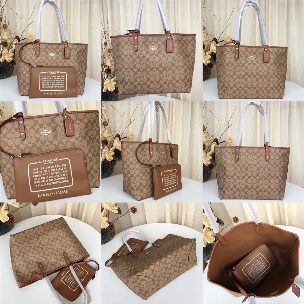 Coach 36658 58293 91381 29547 Reversible City Tote In Signature Canvas With Removable Pouch Women Shoulder Handbag