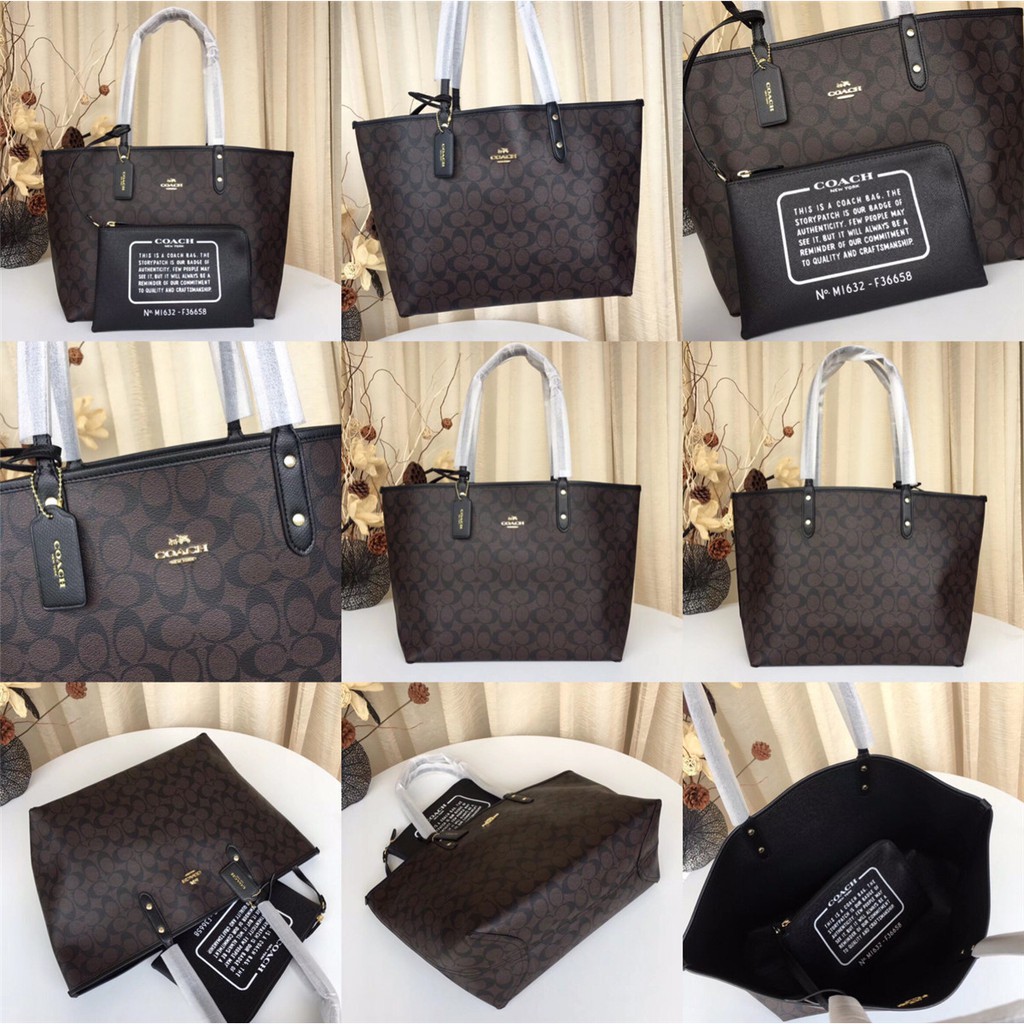 Coach 36658 58293 91381 29547 Reversible City Tote In Signature Canvas With Removable Pouch Women Shoulder Handbag