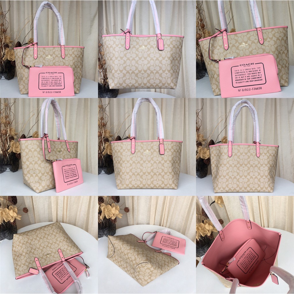 Coach 36658 58293 91381 29547 Reversible City Tote In Signature Canvas With Removable Pouch Women Shoulder Handbag