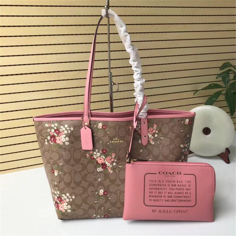 Coach 36658 58293 91381 29547 Reversible City Tote In Signature Canvas With Removable Pouch Women Shoulder Handbag